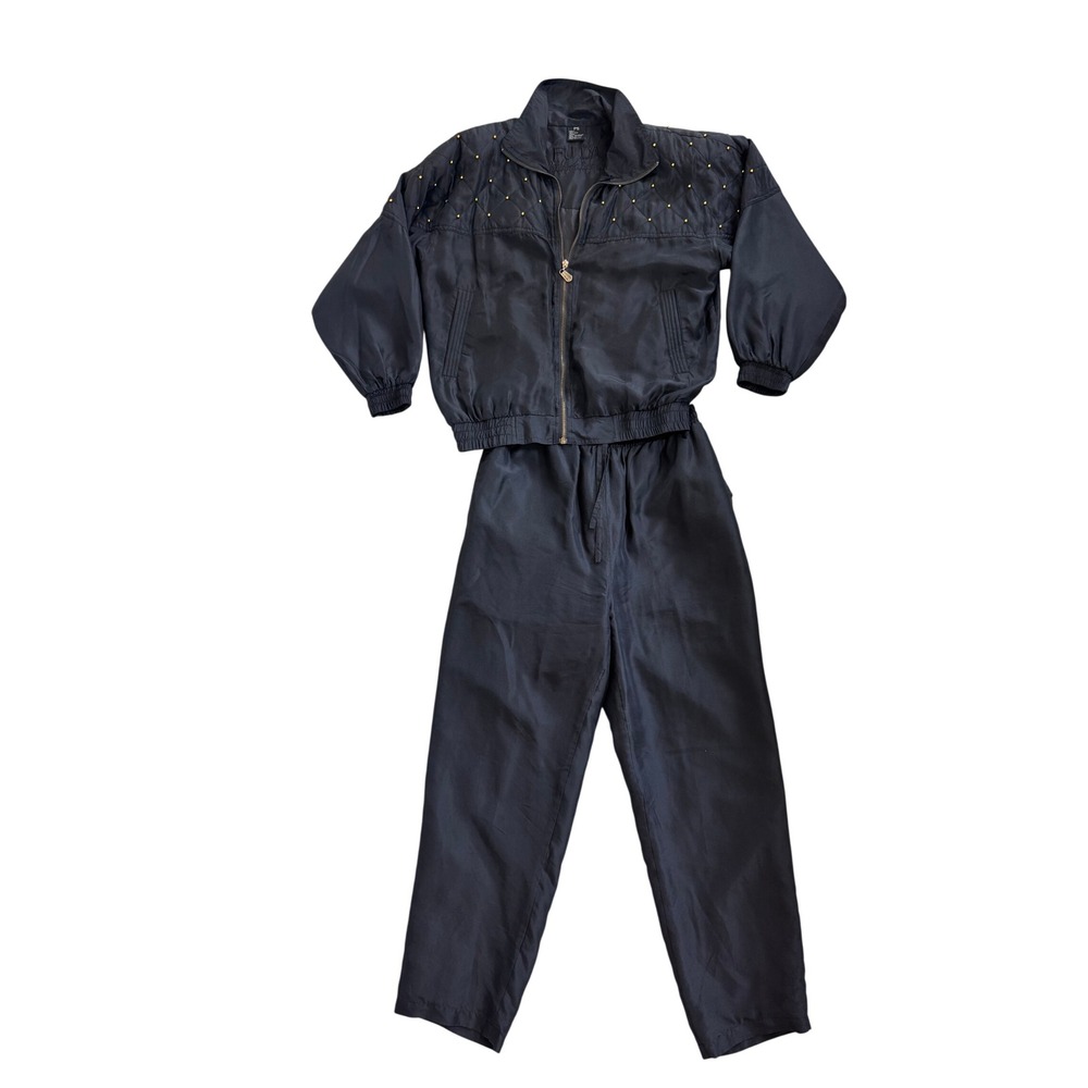 Vintage FUDA International Black Silk Studded Quilted Tracksuit Set Petite S